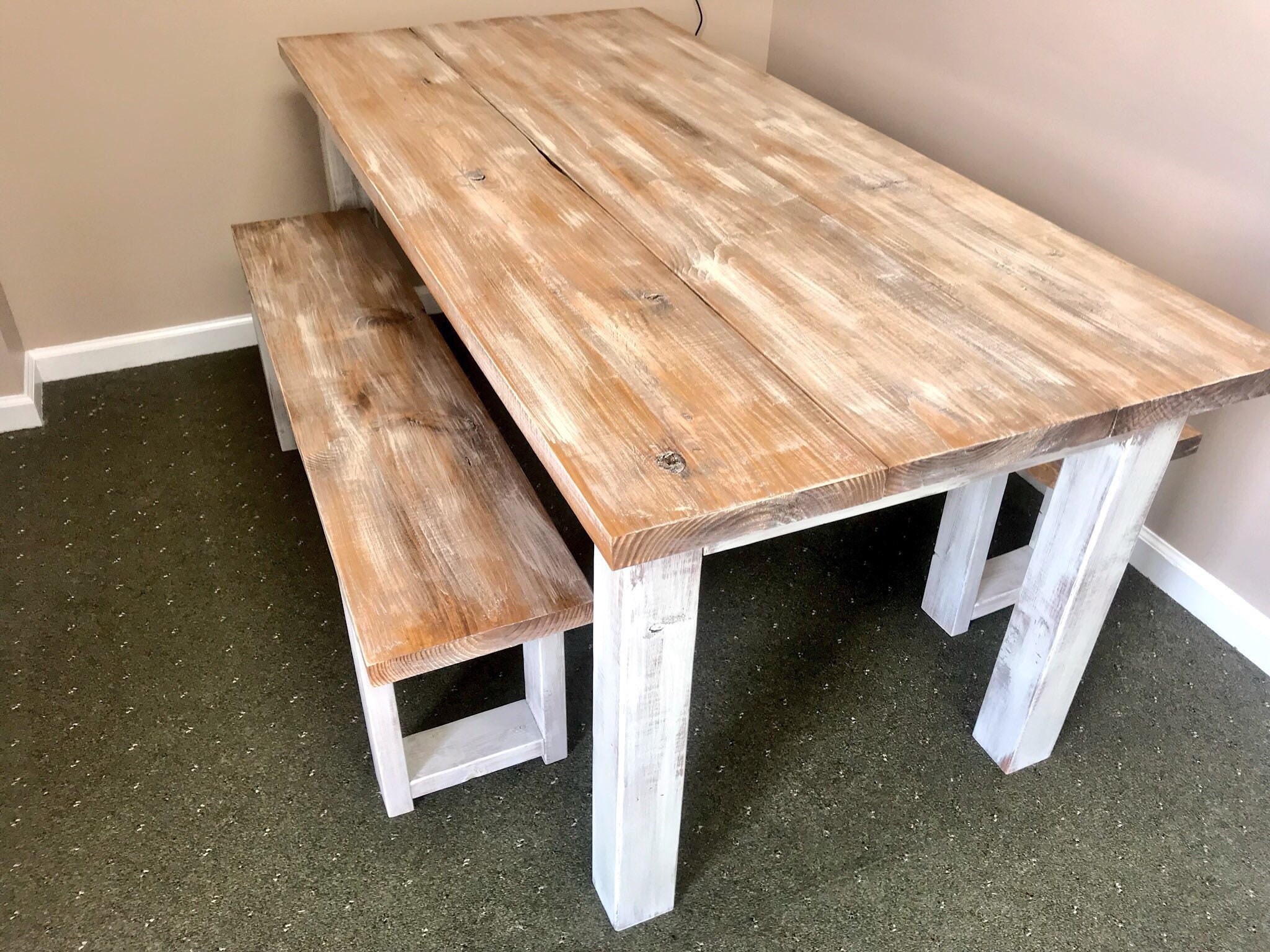 white and natural wood kitchen table