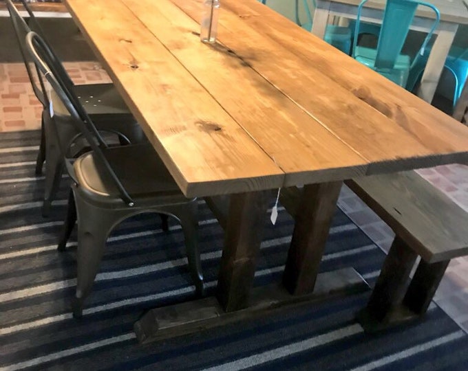 Modern Farmhouse Table Set with Bench and Two Metal Chairs, Dark Walnut Base with Early American Top, Wooden Rustic Dining Set