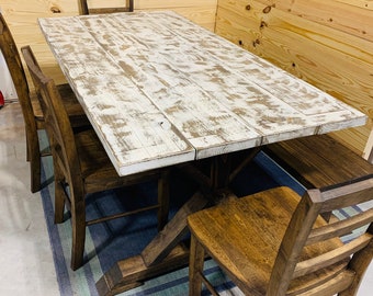 Rustic Pedestal Farmhouse Wood Table Set with Long Bench and Rustic Wooden Chairs,  6ft Dining Table, Weathered White Top, Dark Walnut Base