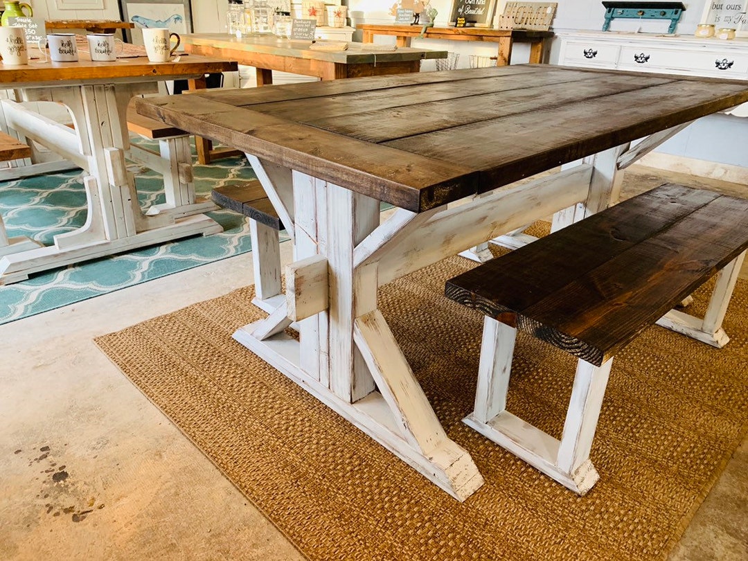 Long Pub Style Farmhouse Table Set, With Stools and Tall Benches, Dark  Walnut Top With White Distressed Base, Tall Farmhouse Table Set 