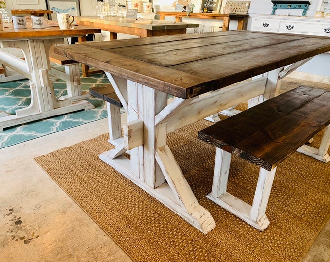 Trestle Style Farmhouse Table Set with Benches, Dark Walnut Top with Breadboards, Distressed White Base Wooden Dining Set