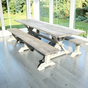 Farmhouse Dining Table Set Benches Trestle 8ft Long Gray White Rustic Wood Kitchen Handmade