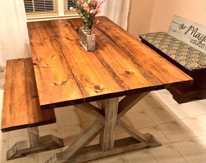 Small Rustic Pedestal Farmhouse Table With Bench Provincial Brown with White Distressed Base Dining Set