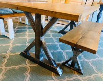 Industrial Farmhouse Table Set with Bench, Raw Steel Pedestal Base, Weathered Brown Top With Breadboards, Dining Set or Kitchen Table