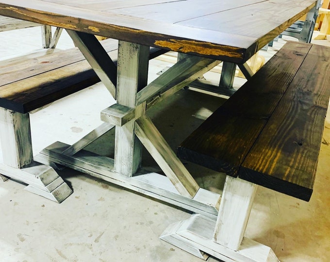 7ft Rustic Farmhouse Table Set With Long Benches and Breadboards, Espresso Brown Finish and Distressed White Base Wooden Dining Set