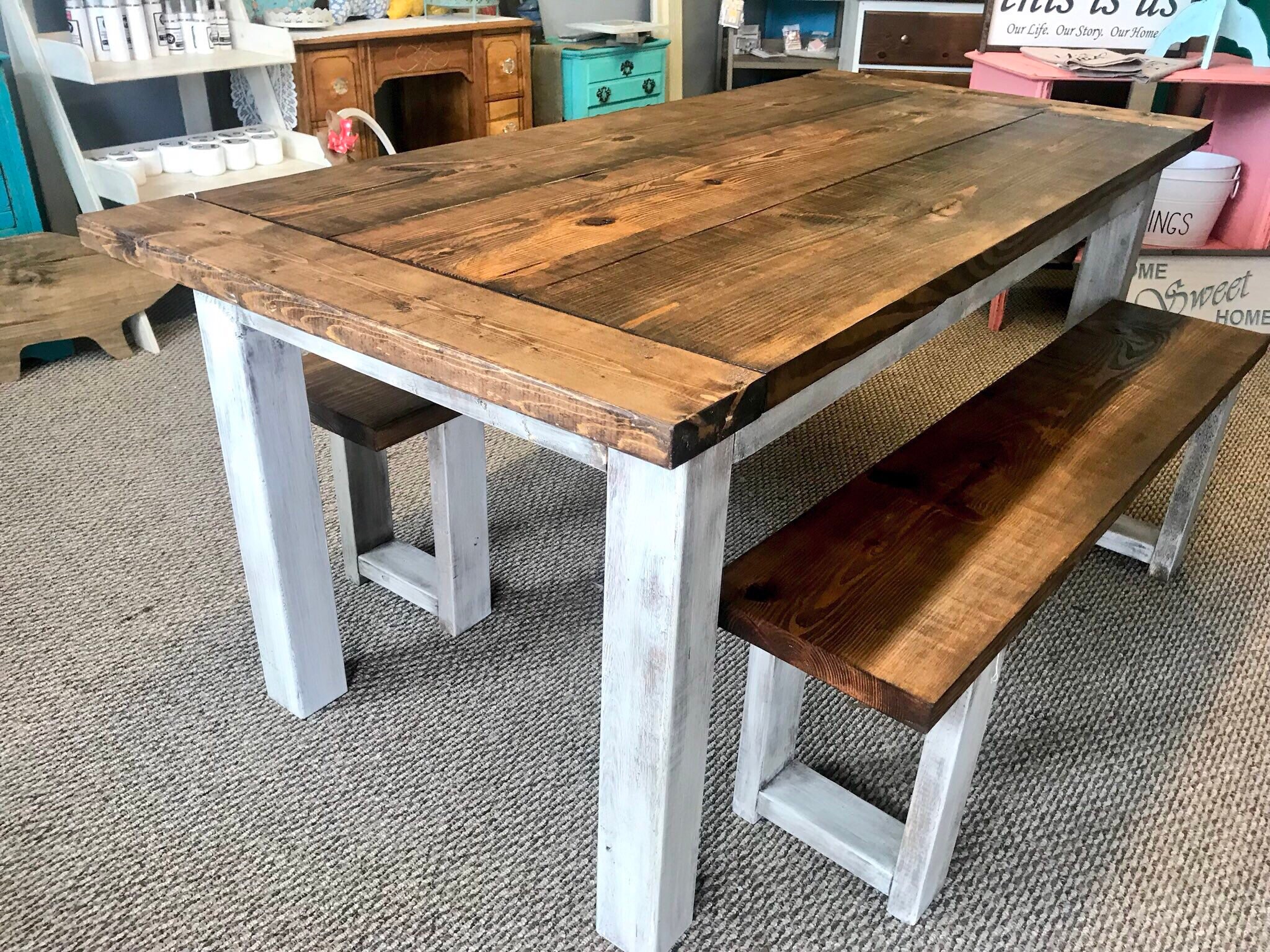 Wooden Farmhouse Table Set Breadboard Ends Provincial Brown Top