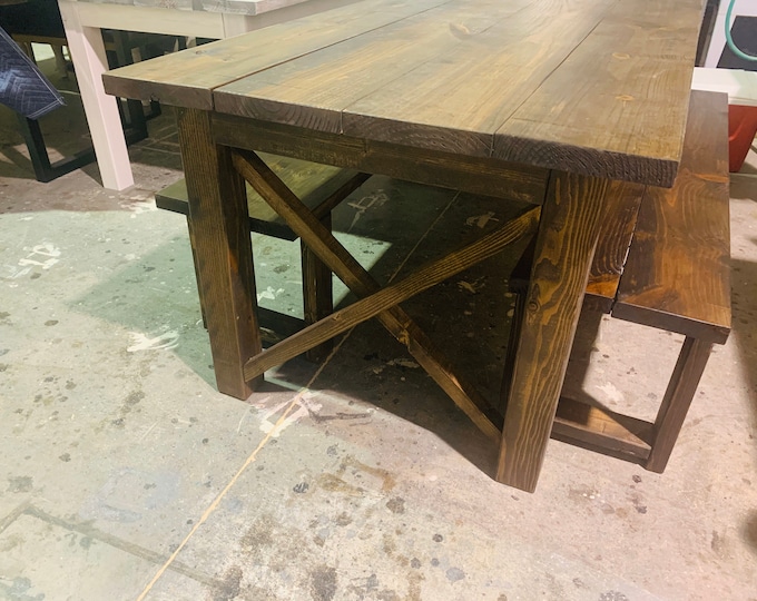 Rustic 7ft Farmhouse Table with Benches, Brown Dining Set, Table Set, Dark Walnut Long Narrow Farmhouse Table, X Accents