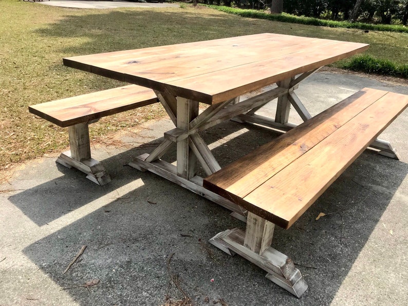 Rustic Pedestal 7ft Outdoor Farmhouse Table With Long Benches Etsy