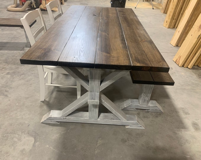 Rustic Pedestal Farmhouse Table, Chairs and Bench, With White Dark Walnut Brown with White Distressed Base Dining Set In Stock