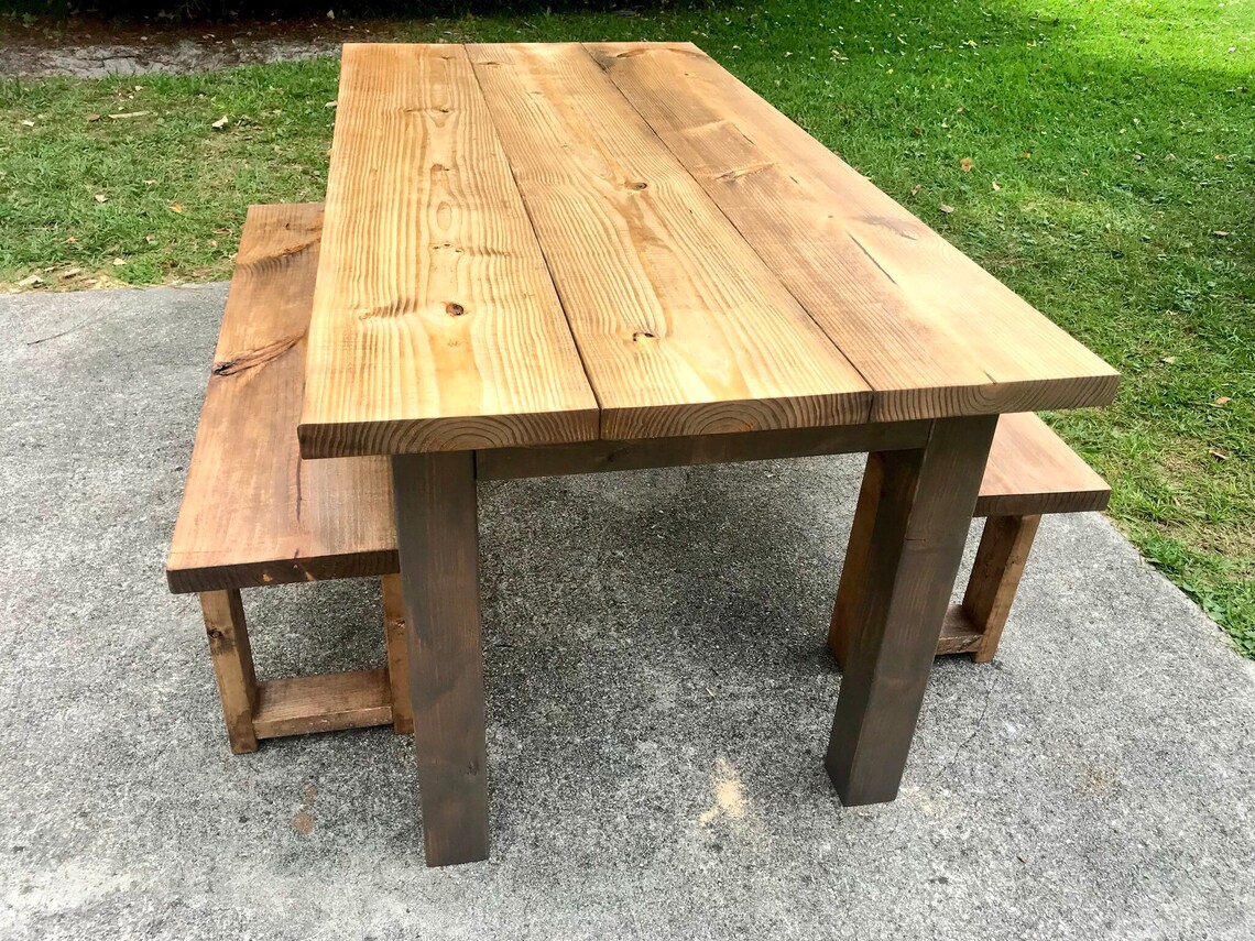 Rustic Wooden Farmhouse Table With Benches Provincial Brown Etsy