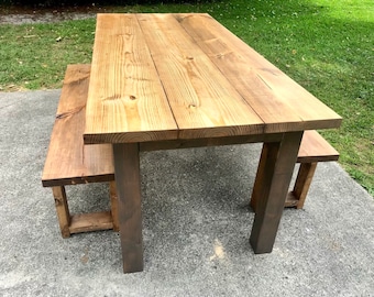 Rustic Wooden Farmhouse Table With Benches Provincial Brown Top with a Dark Gray Base Dining or Kitcen Table