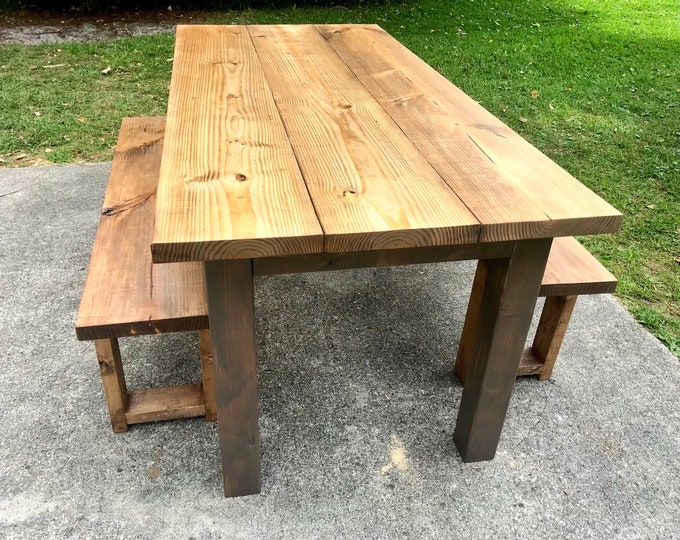 Rustic Wooden Farmhouse Table With Benches Provincial Brown Top with a Dark Gray Base Dining or Kitcen Table