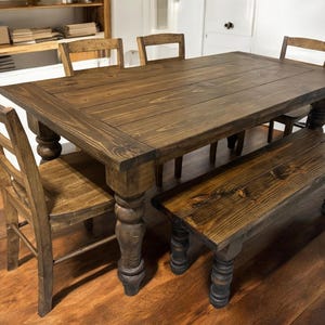 Farmhouse Table Dining Set, Chunky Turned Legs, Chair Options and Bench, All Dark Walnut, Wooden Kitchen Table Set