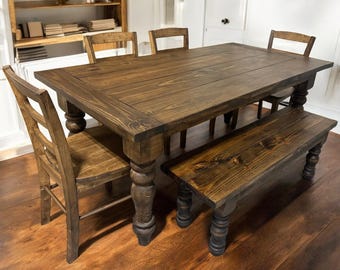 Farmhouse Table Dining Set, Chunky Turned Legs, Chair Options and Bench, All Dark Walnut, Wooden Kitchen Table Set