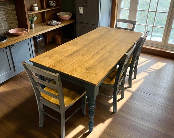 Farmhouse Dining Set: Provincial Brown Table, Coal Frame Chairs, Hickory Seat