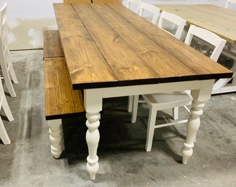 8ft Rustic Farmhouse Table with Chairs and Benches Turned Legs, Provincial Brown Top and Antique White Base, Wooden Dining Table