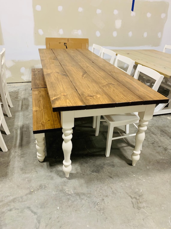 8ft Rustic Farmhouse Table With Chairs and Benches Turned Legs