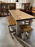 Rustic Farmhouse Dining Table Set: Provincial Brown, Bench Seating