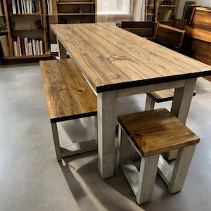 Rustic Farmhouse Dining Table Set: Provincial Brown, Bench Seating