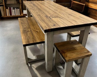 Narrow Dining Table Set - Bench Seating - Provincial Brown and Gray - Wooden Kitchen Table - Sits 6