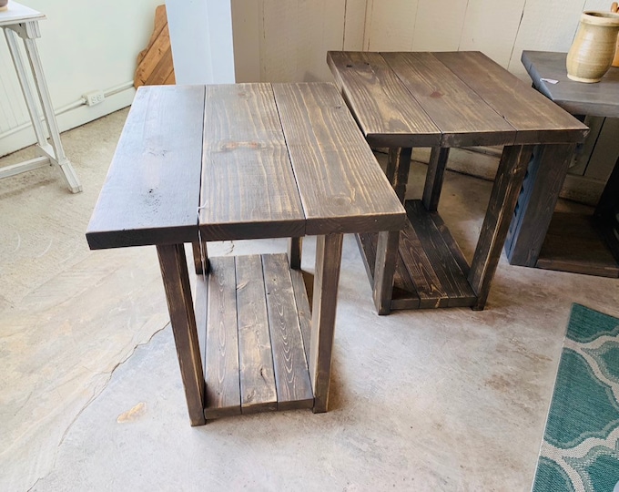 Long Rustic Farmhouse End Tables Briar Smoke Distressed Finish, Wooden Side Tables with Shelve, End Table Set