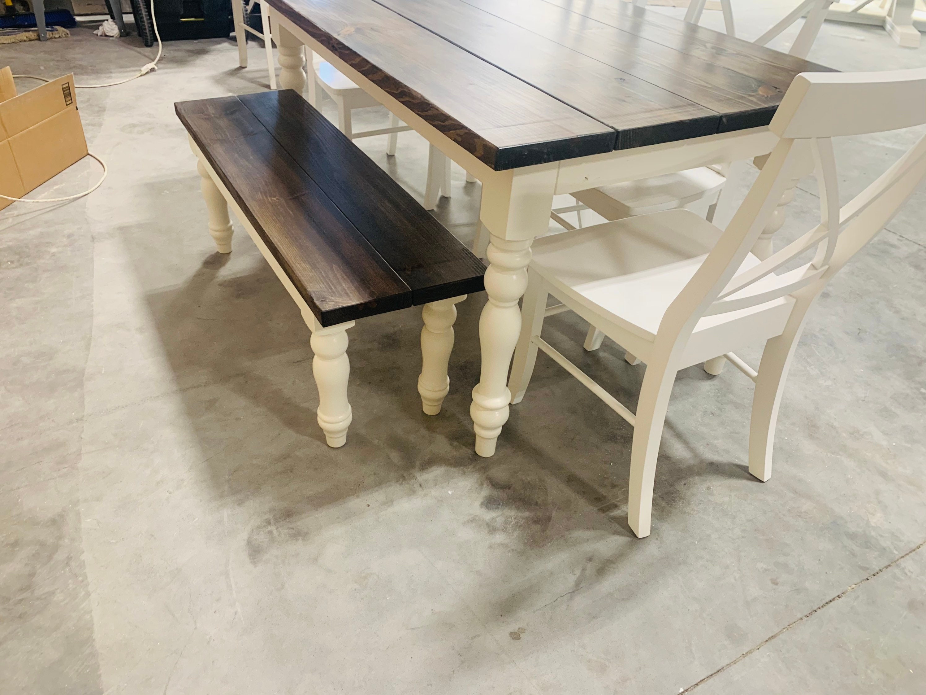 5ft Rustic Farmhouse Table with Turned Legs, Bench and Chair Set Dark Walnut Top and Antique 