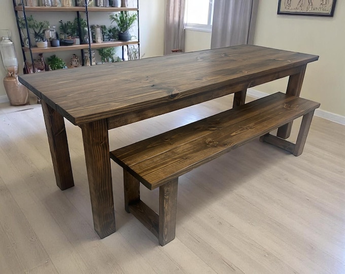7ft Wooden Dining Table with Bench - Espresso Stain - Rustic Farmhouse Feel - Kitchen or Dining Room Narrow Table