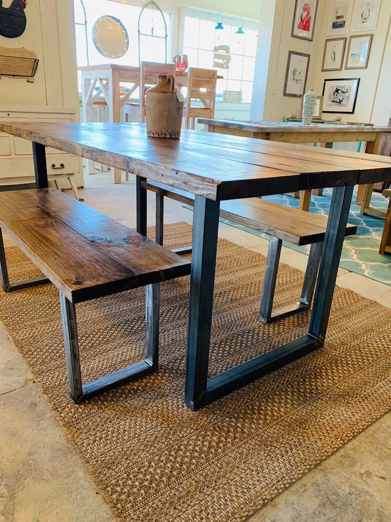 Industrial Farmhouse Table With Benches Rustic Steel Legs Etsy
