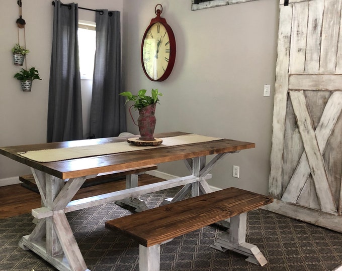 Rustic Pedestal Farmhouse Table With Benches Provincial Brown with White Distressed Base Dining Set