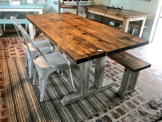 Rustic Farmhouse Table With Long Bench And Metal Chairs Etsy