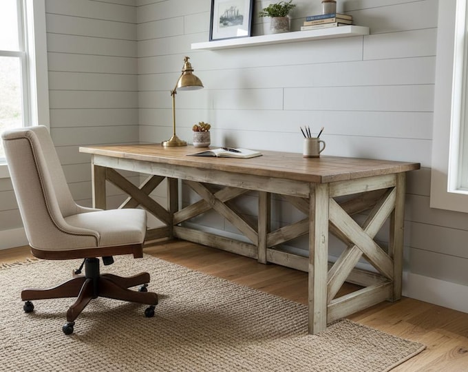 Farmhouse Executive Desk Home Office Computer Writing Wooden Rustic Large Double Workstation Handmade Solid