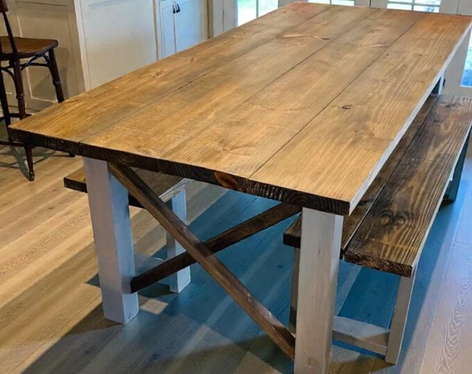 7ft Farmhouse Dining Table With Benches, Large Solid Pine Kitchen Table Set