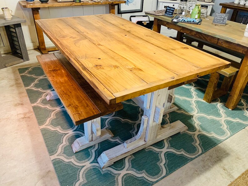 Early American Top Trestle Style Rustic Farmhouse Table Set with Two Benches Distressed White Base Wooden Dining Set with Trim