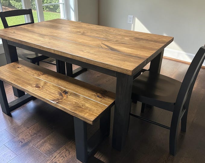 5ft Farmhouse Dining Set with Benches: True Black & Provincial Brown Wood