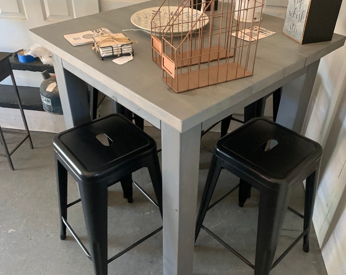 Square Counter Height Farmhouse Table, Stained a Weathered Gray with 4 Black Metal Stools, Kitchen or Dining Room Set