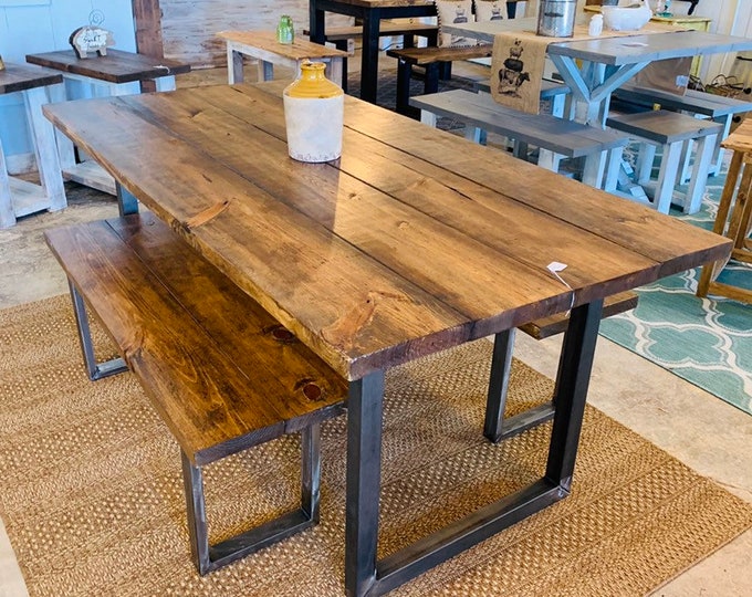 Industrial Farmhouse Table with Benches, Rustic Steel Legs, Provincial Brown Wooden Top, 6ft Dining Set, Industrail Design