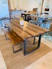 Industrial Farmhouse Table with Benches, Rustic Steel Legs, Provincial Brown Wooden Top, 6ft Dining Set, Industrail Design 