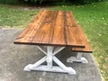 Rustic Pedestal Farmhouse Table With Bench Provincial Brown with White Distressed Base Dining Set