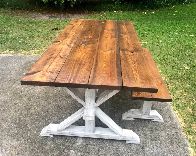 Rustic Pedestal Farmhouse Table With Bench Provincial Brown with White Distressed Base Dining Set