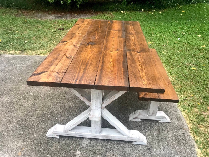 Rustic Pedestal Farmhouse Table With Bench Provincial Brown Etsy