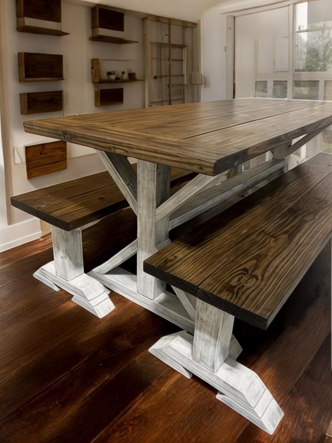 6ft Farmhouse Dining Table Set: Trestle Base, Distressed White & Dark ...
