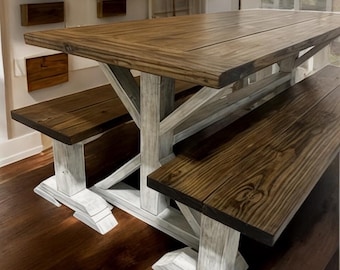 6ft Narrow Dining Table Set with Trestle Base - Bench Seating - Distressed White with Dark Walnut Top