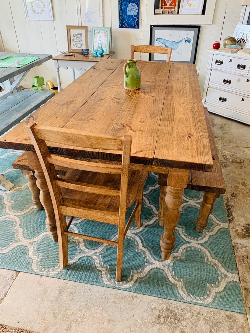 Rustic Farmhouse Table with Turned Legs, Benches and Chairs, Early ...