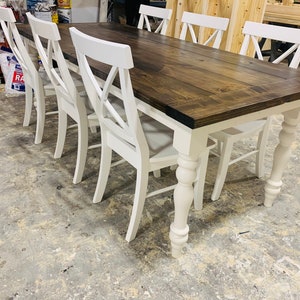 Farmhouse Table with Chairs and Turned Legs, Dark Walnut Top and Antique White Base, Wooden Dining Table