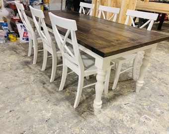 Farmhouse Table with Chairs and Turned Legs, Dark Walnut Top and Antique White Base, Wooden Dining Table