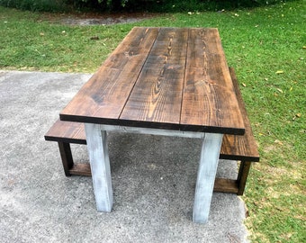 Dark Walnut Farmhouse Table with Benches: Rustic Distressed Wood Dining Set