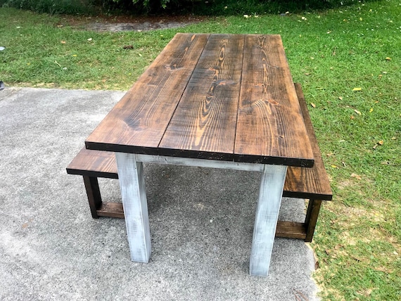 Dark Walnut Farmhouse Table With Benches Rustic Wooden Dark Walnut