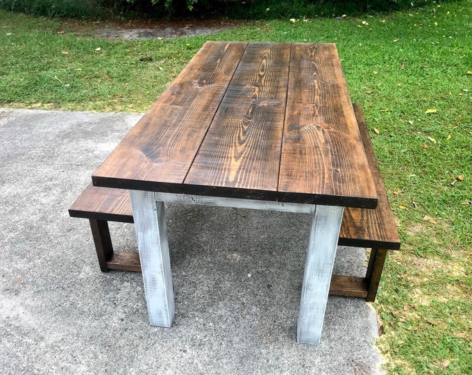 Dark Walnut Farmhouse Table With Benches Rustic Wooden Dark Walnut Top and Creamy White Distressed Base Dining or Kitcen Table