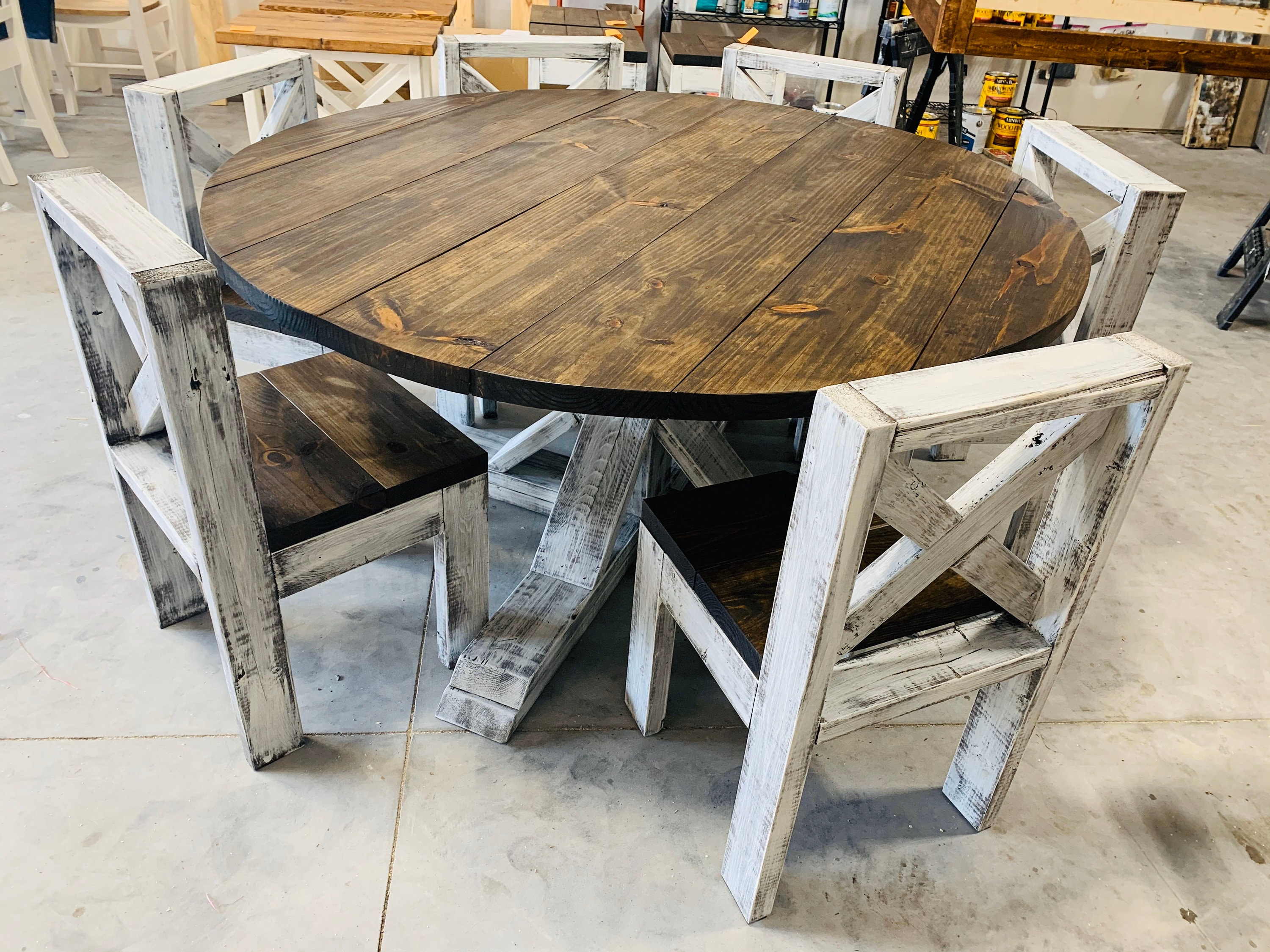 5ft Round Rustic Farmhouse Table with chairs, Single Pedestal Style