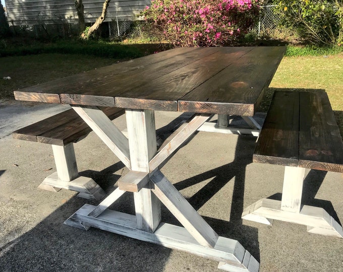 Trestle Farmhouse Table With Benches Dark Walnut Top with White Distressed Base Dining Set